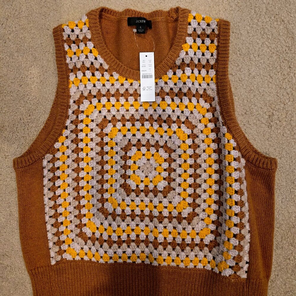 J. Crew NWT Yellow Brown Crochet Sweater Vest L